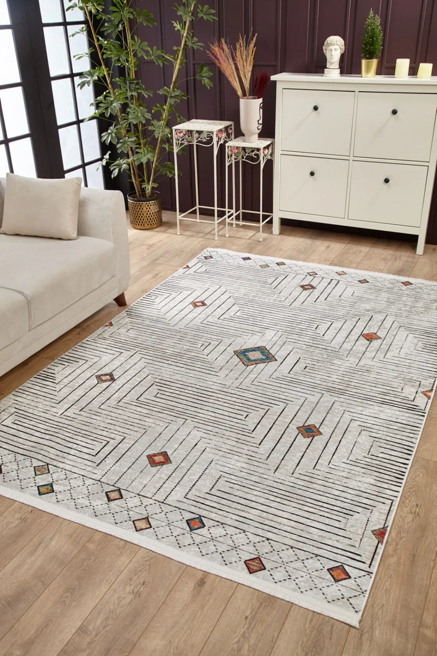 Beyaz Gri Geometrik Minimalist Halı - Yıkanabilir - Kaymaz Taban - Pati Dostu
