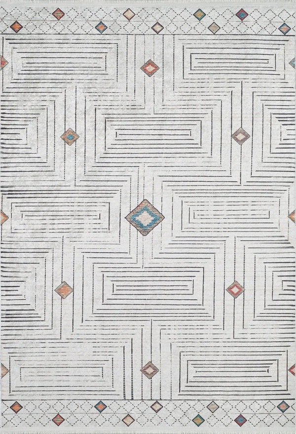 Beyaz Gri Geometrik Minimalist Halı - Yıkanabilir - Kaymaz Taban - Pati Dostu