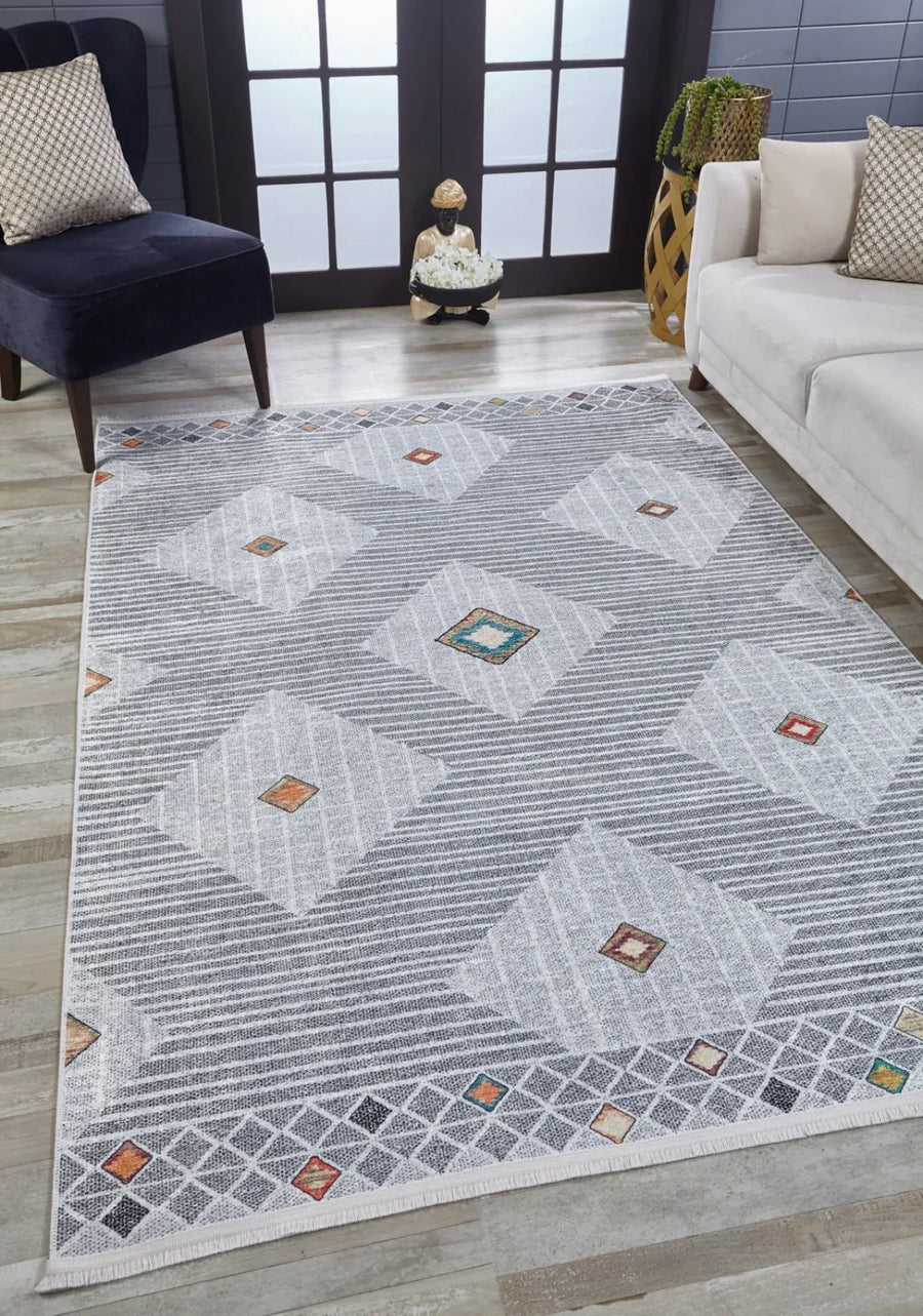 Gri Elmas Desenli Geometrik Halı - Yıkanabilir - Kaymaz Taban - Pati Dostu