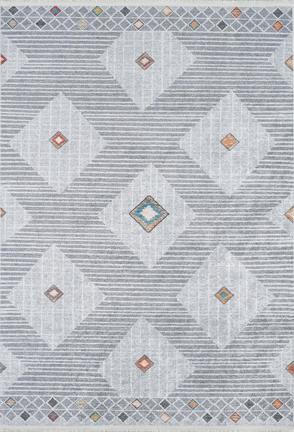 Gri Elmas Desenli Geometrik Halı - Yıkanabilir - Kaymaz Taban - Pati Dostu