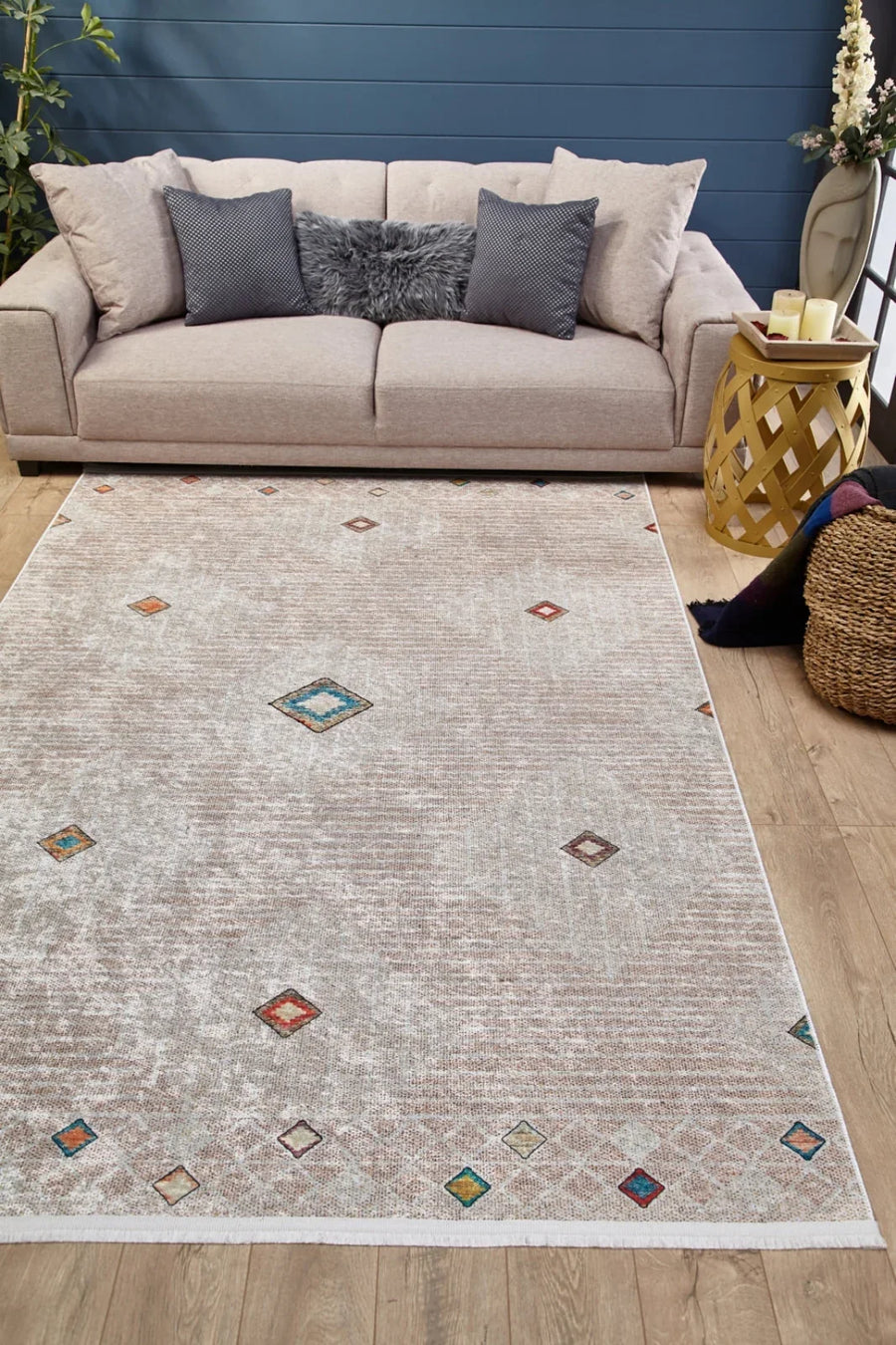 Bej Geometrik Minimalist Halı - Yıkanabilir - Kaymaz Taban - Pati Dostu