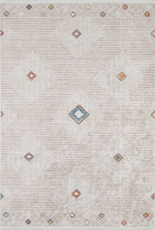 Bej Geometrik Minimalist Halı - Yıkanabilir - Kaymaz Taban - Pati Dostu