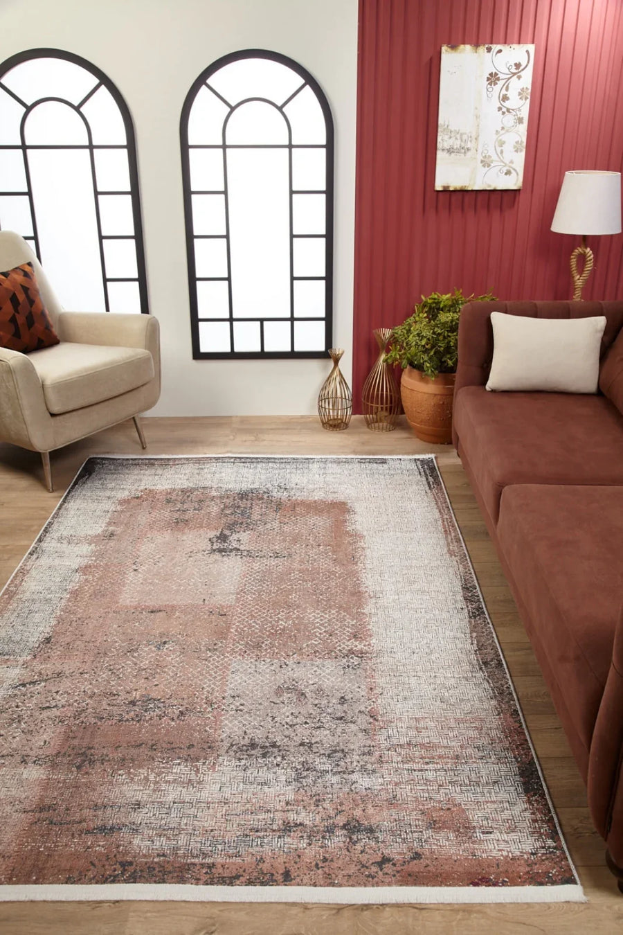 Gri Krem Modern Çerçeveli Halı - Yıkanabilir - Kaymaz Taban - Pati Dostu