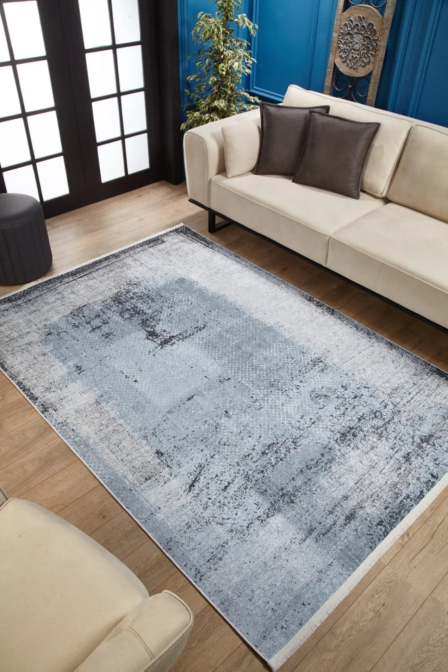 Mavi Dokulu Minimalist Halı - Yıkanabilir - Kaymaz Taban - Pati Dostu