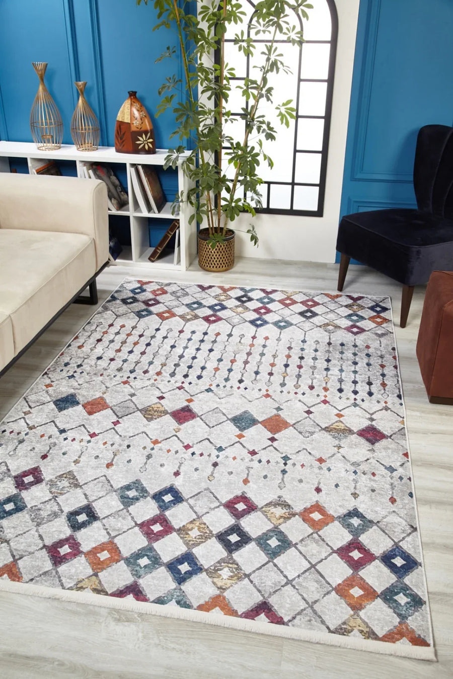 Bej Krem Geometrik Modern Halı - Yıkanabilir - Kaymaz Taban - Pati Dostu