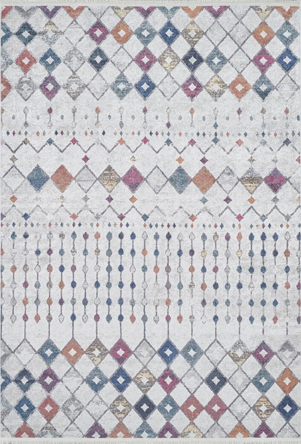 Bej Krem Geometrik Modern Halı - Yıkanabilir - Kaymaz Taban - Pati Dostu