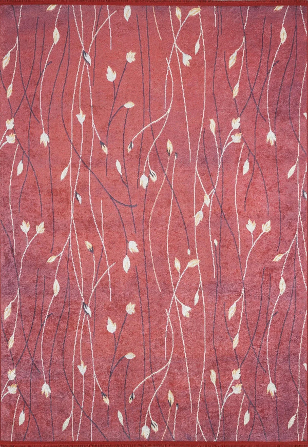 Kırmızı Modern Çiçekli Halı - Yıkanabilir - Kaymaz Taban - Pati Dostu