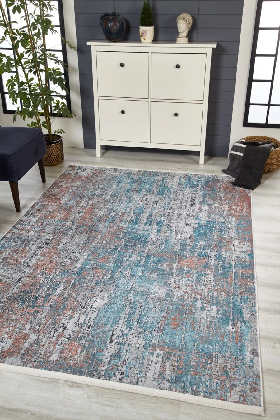 Mavi Eskitme Modern Halı - Yıkanabilir - Kaymaz Taban - Pati Dostu