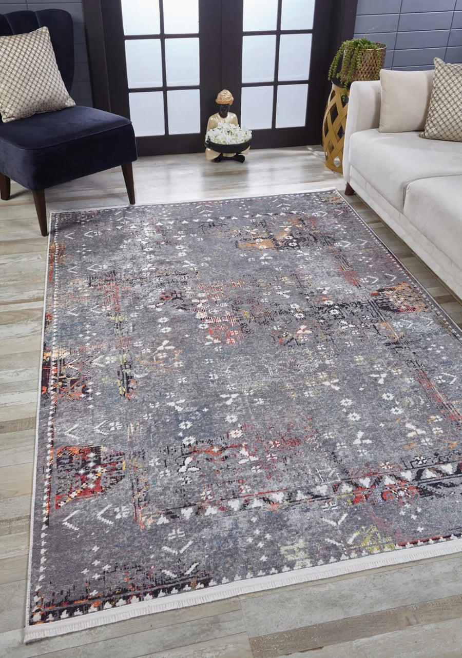 Gri Dokulu Modern Halı - Yıkanabilir - Kaymaz Taban - Pati Dostu