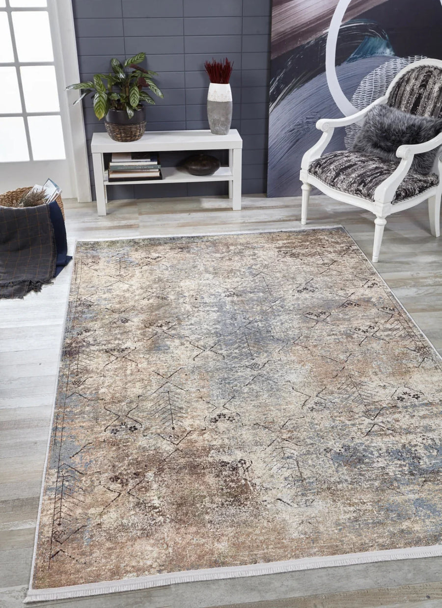Gri Vizon Eskitme Modern Halı - Yıkanabilir - Kaymaz Taban - Pati Dostu