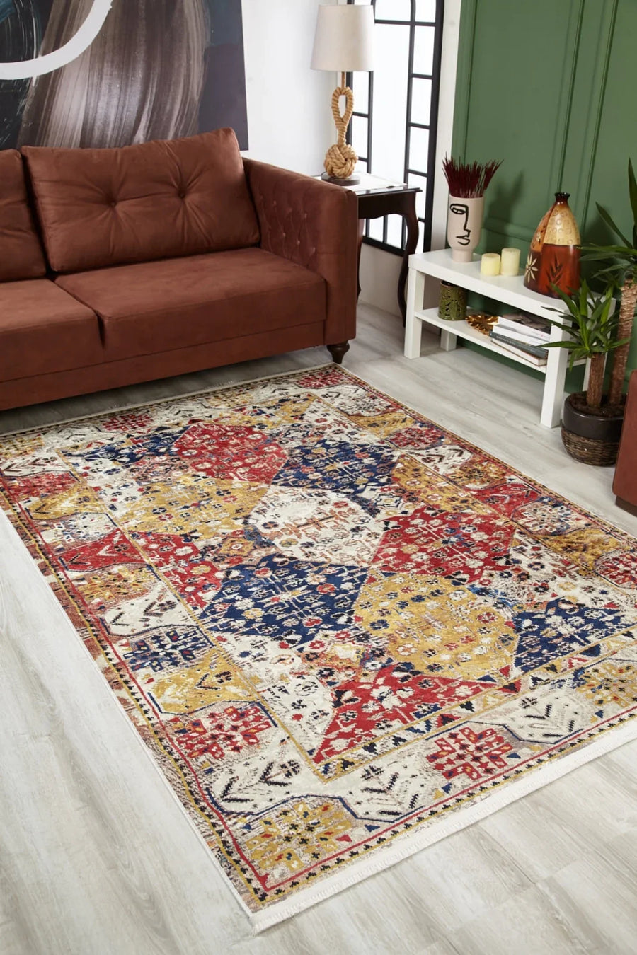 Kırmızı Mavi Geometrik Modern Halı - Yıkanabilir - Kaymaz Taban - Pati Dostu