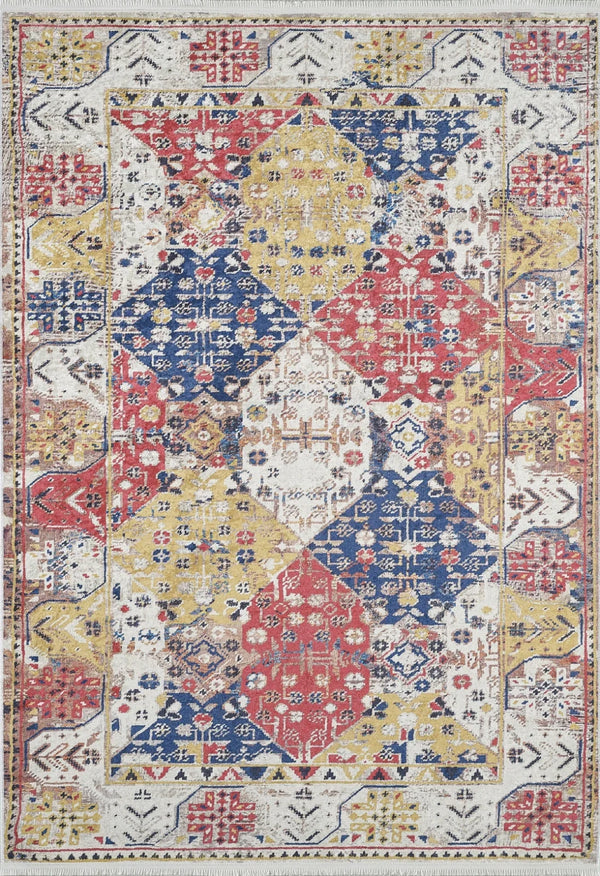 Kırmızı Mavi Geometrik Modern Halı - Yıkanabilir - Kaymaz Taban - Pati Dostu