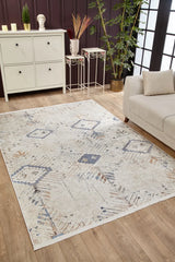 Beige Blue Distressed Geometric Living Room Rug Ethnic - Polyester