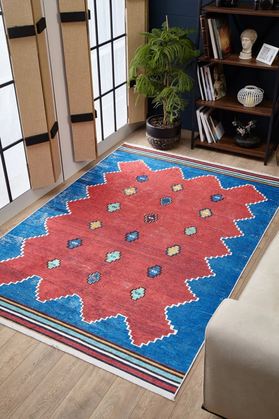 Kırmızı Mavi Geometrik Modern Halı - Yıkanabilir - Kaymaz Taban - Pati Dostu