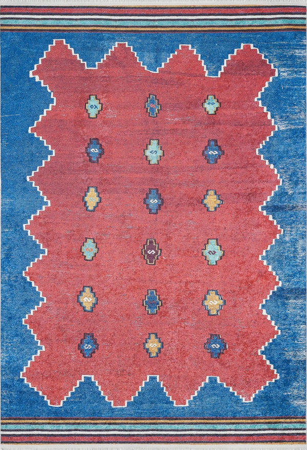 Kırmızı Mavi Geometrik Modern Halı - Yıkanabilir - Kaymaz Taban - Pati Dostu