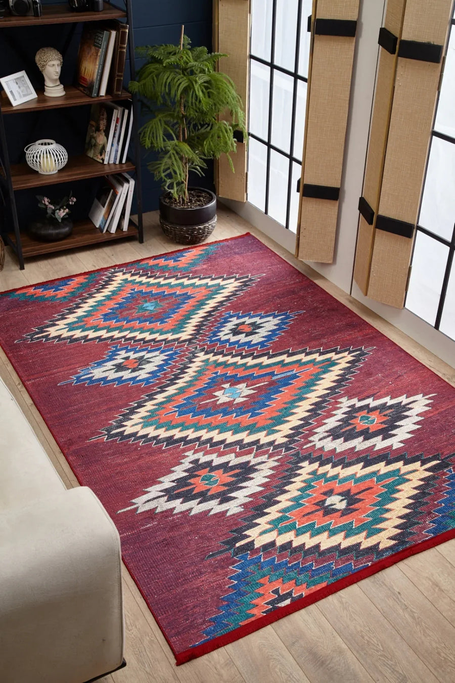 Etnik Motifli Geometrik Halı - Yıkanabilir - Kaymaz Taban - Pati Dostu