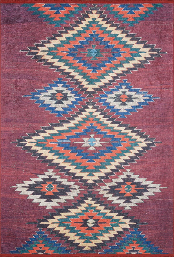 Etnik Motifli Geometrik Halı - Yıkanabilir - Kaymaz Taban - Pati Dostu