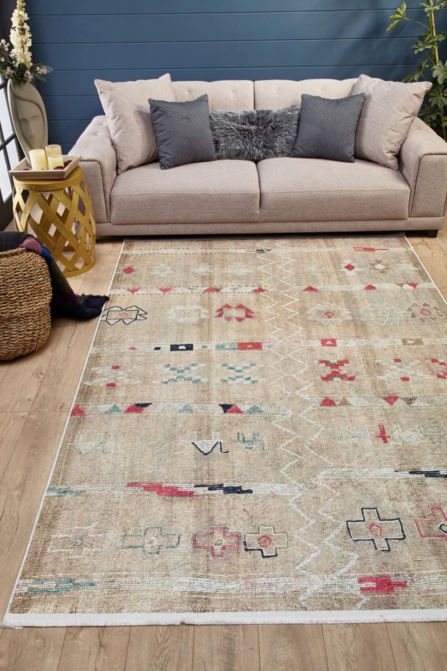 Bej Krem Modern Soyut Halı - Yıkanabilir - Kaymaz Taban - Pati Dostu