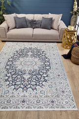 Cream Navy Classic Medallion Living Room Rug - Polyester Machine Woven