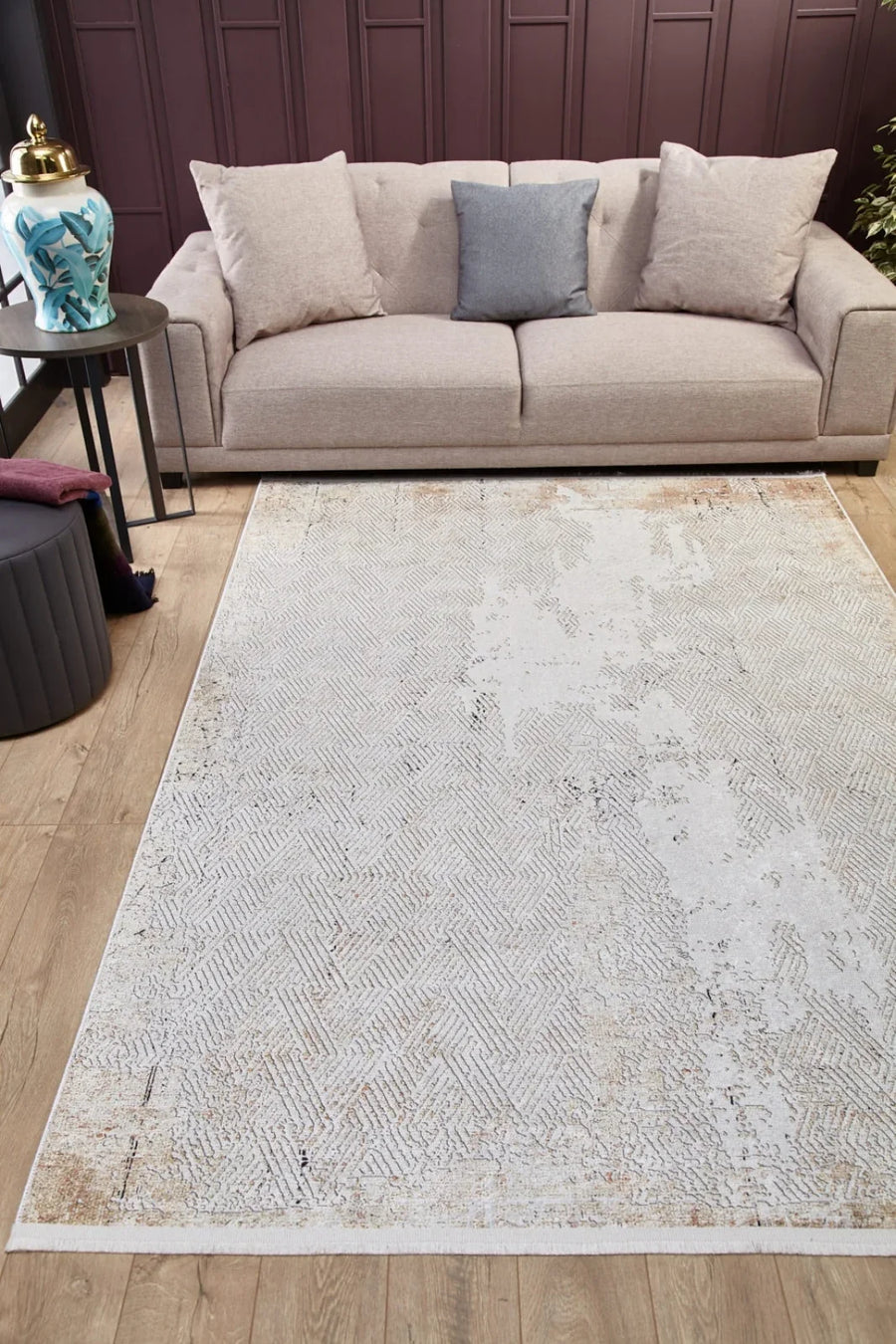 Bej Krem Dokulu Modern Halı - Yıkanabilir - Kaymaz Taban - Pati Dostu