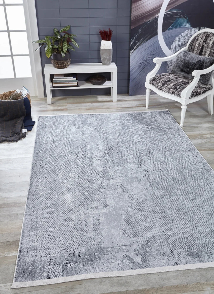 Beyaz Gri Düz Modern Halı - Yıkanabilir - Kaymaz Taban - Pati Dostu