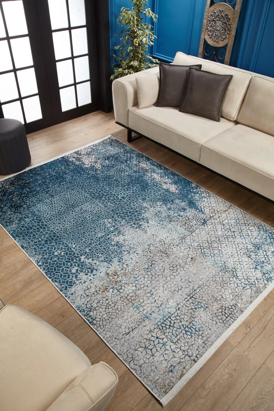 Mavi Eskitme Modern Halı - Yıkanabilir - Kaymaz Taban - Pati Dostu
