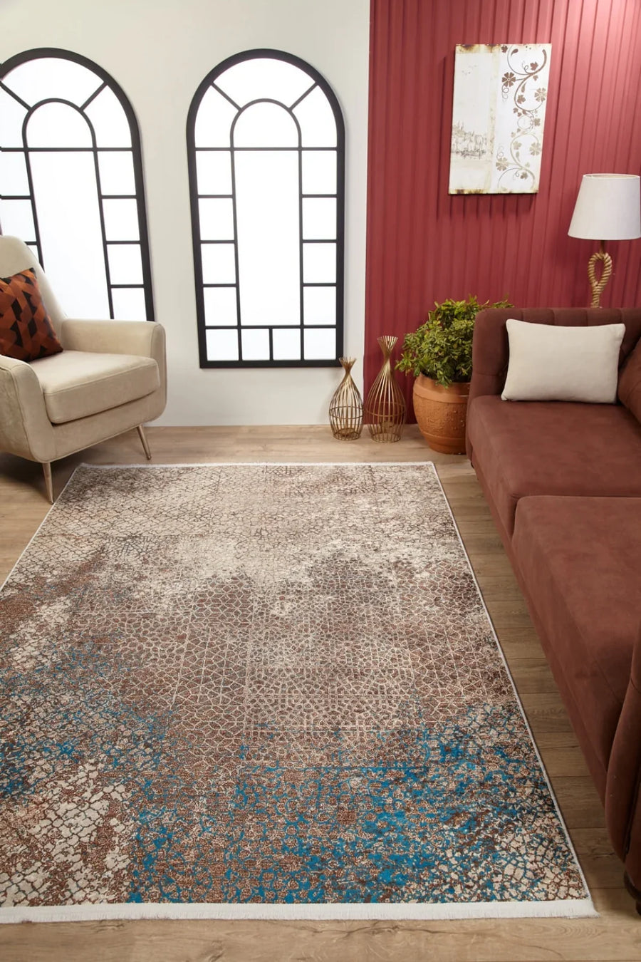 Bej Krem Dokulu Modern Halı - Yıkanabilir - Kaymaz Taban - Pati Dostu