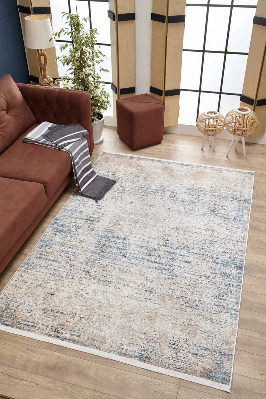 Bej Krem Dokulu Minimalist Halı - Yıkanabilir - Kaymaz Taban - Pati Dostu