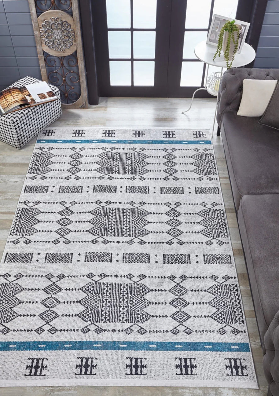 Gri Etnik Geometrik Halı - Yıkanabilir - Kaymaz Taban - Pati Dostu