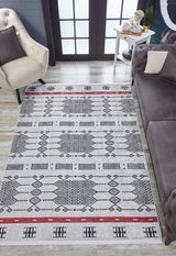 Light Gray Black Ethnic Geometric Living Room Rug - Polyester Machine Woven