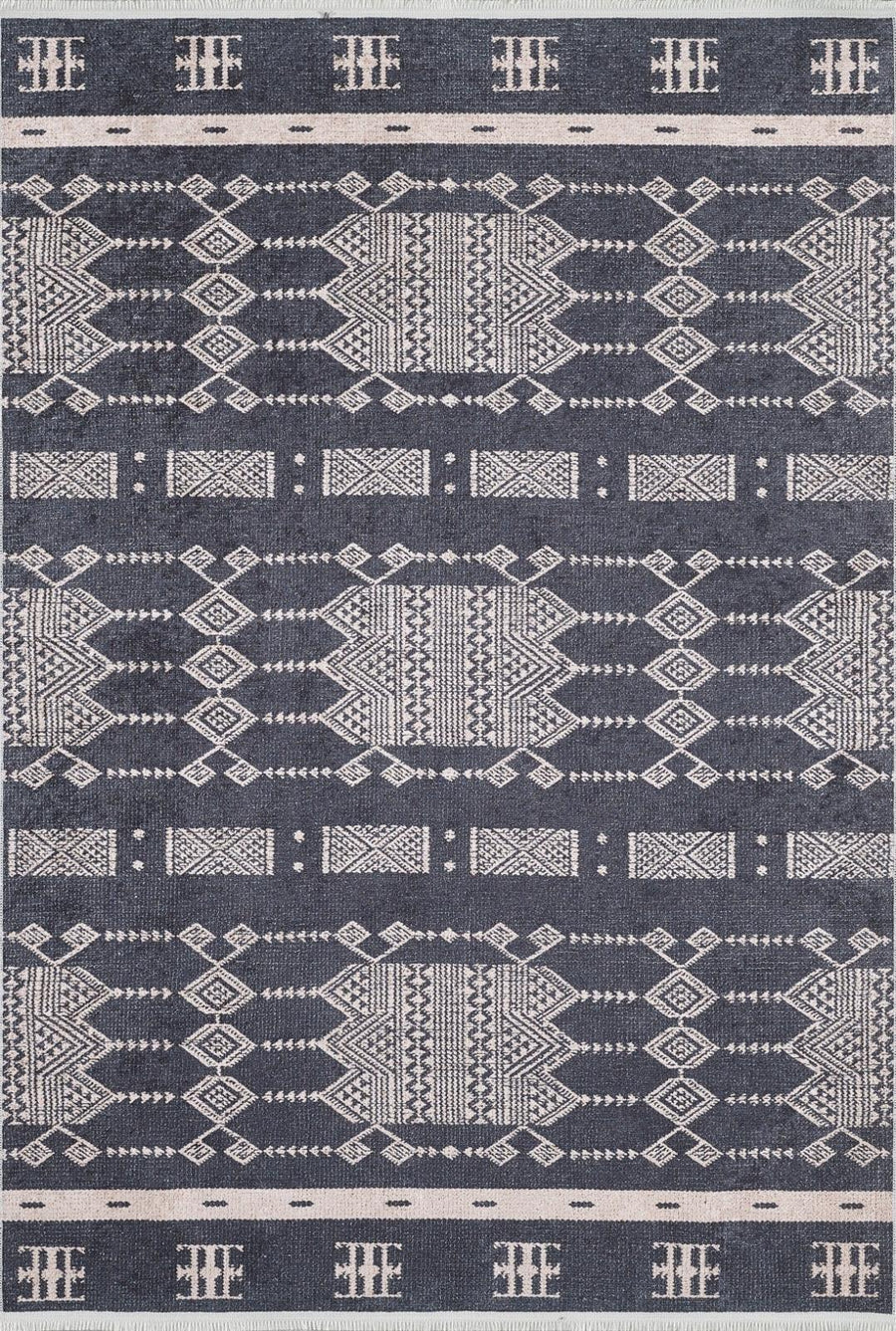Anthracite and Cream Ethnic Geometric Area Rug – in the living room