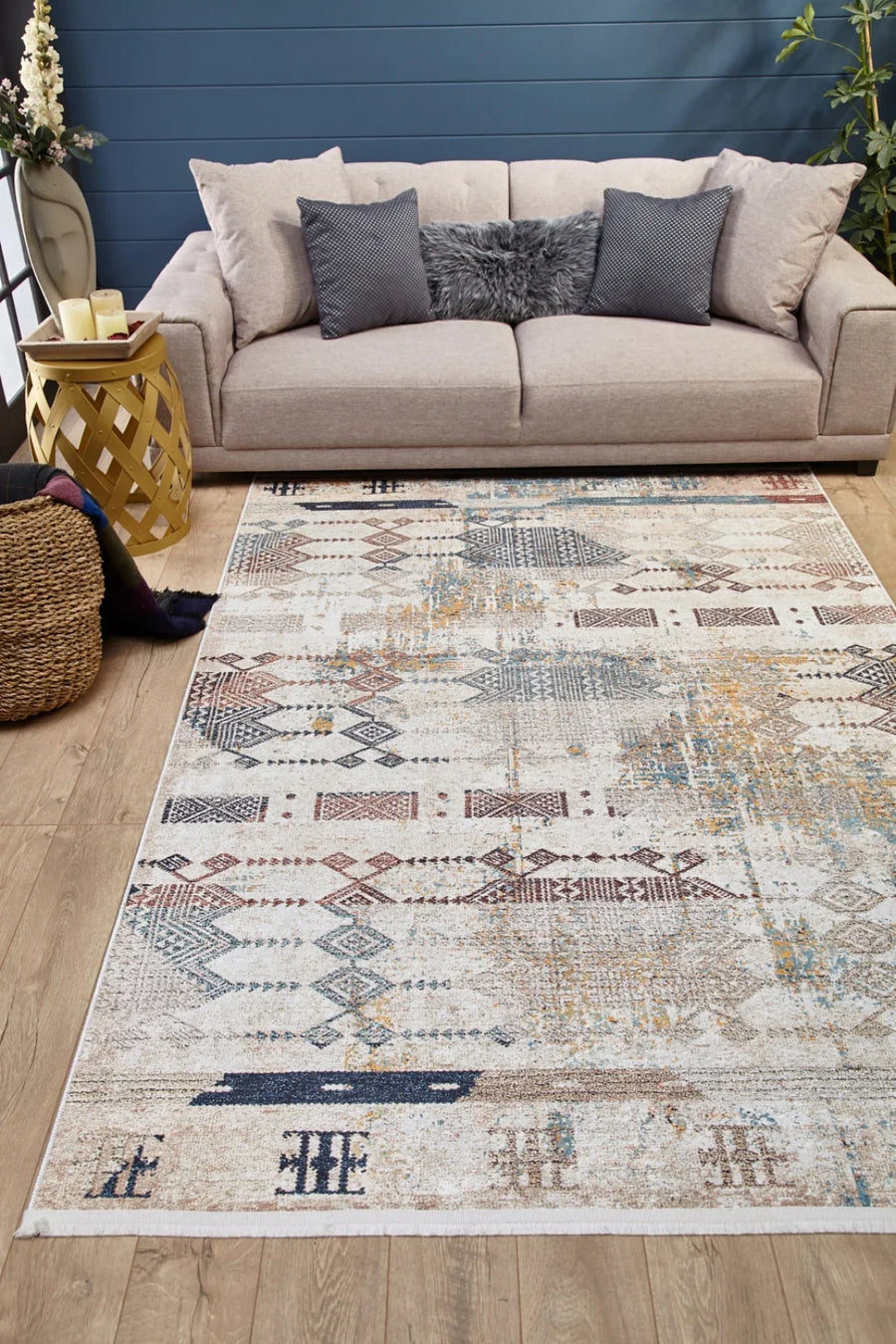 Bej Geometrik Minimalist Halı - Yıkanabilir - Kaymaz Taban - Pati Dostu
