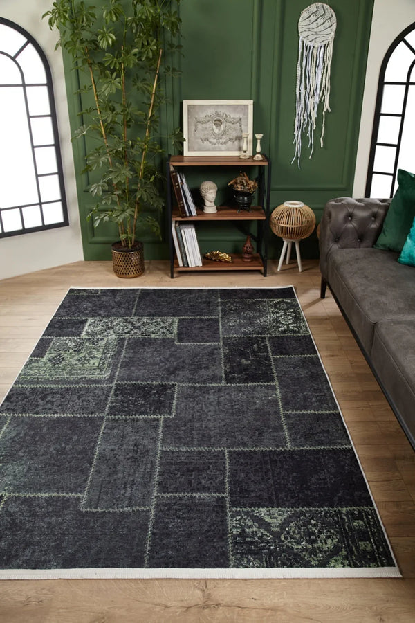 Gri Modern Patchwork Halı - Yıkanabilir - Kaymaz Taban - Pati Dostu
