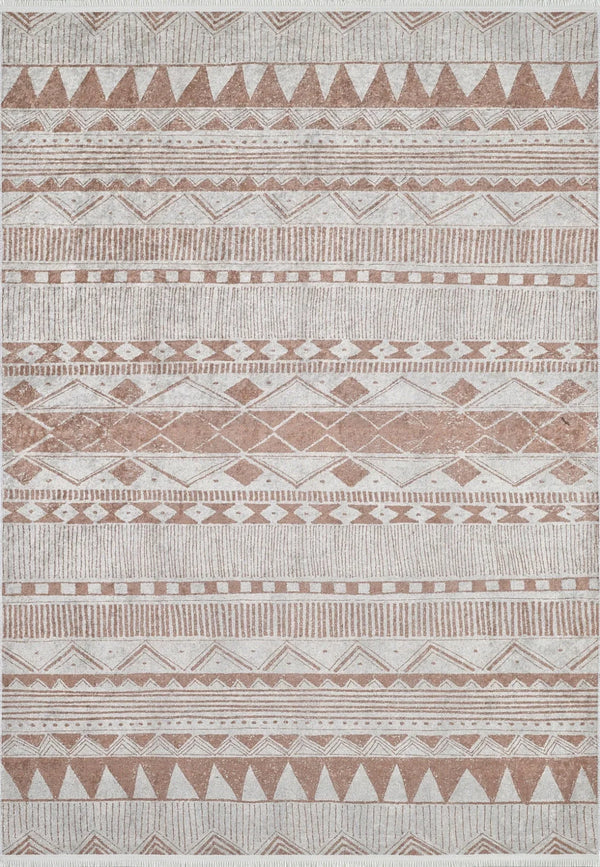 Bej Baklava Desenli Geometrik Halı - Yıkanabilir - Kaymaz Taban - Pati Dostu