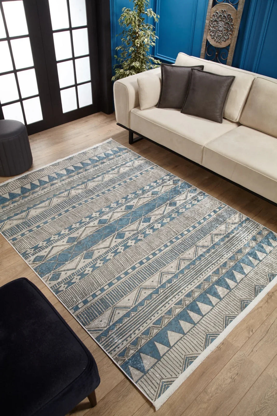 Beyaz Mavi Geometrik Modern Halı - Yıkanabilir - Kaymaz Taban - Pati Dostu