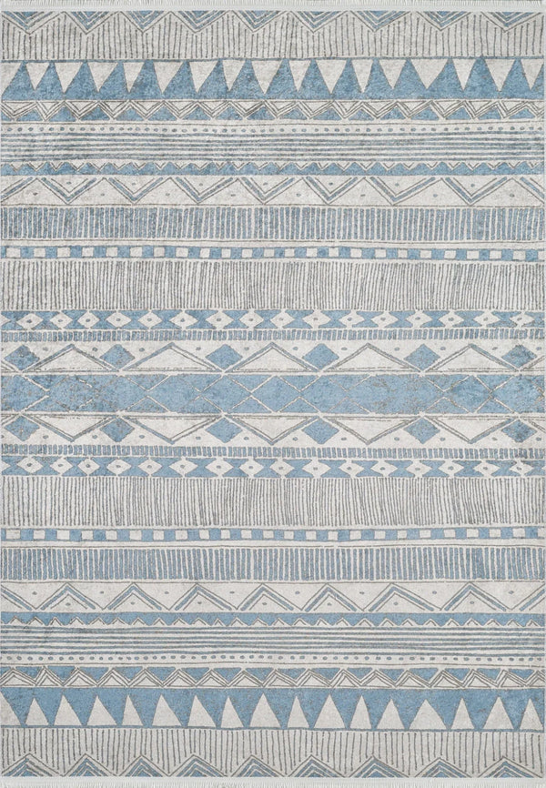 Beyaz Mavi Geometrik Modern Halı - Yıkanabilir - Kaymaz Taban - Pati Dostu