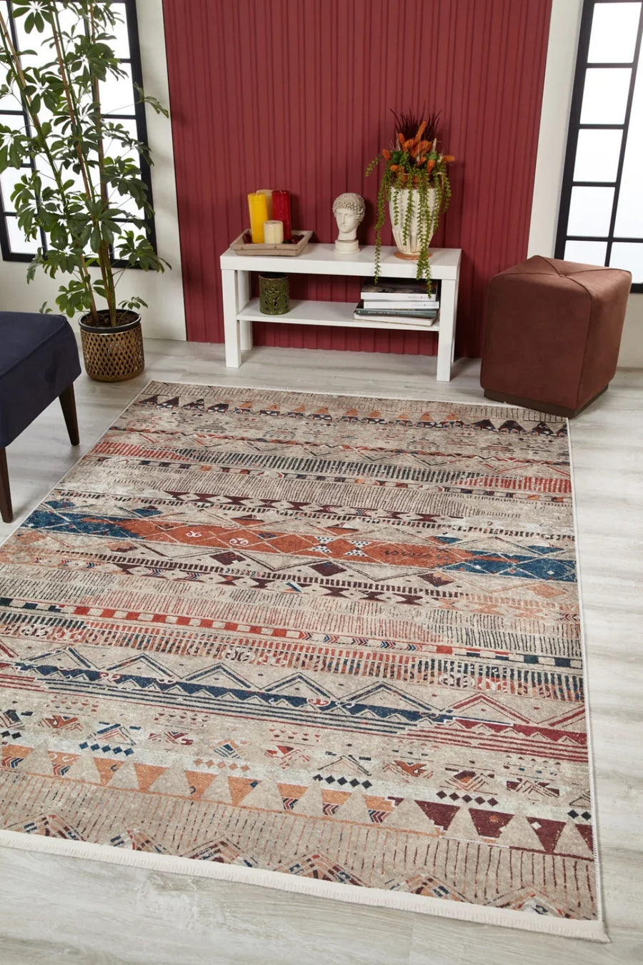 Bej Bohem Stil Etnik Motifli Halı - Yıkanabilir - Kaymaz Taban - Pati Dostu