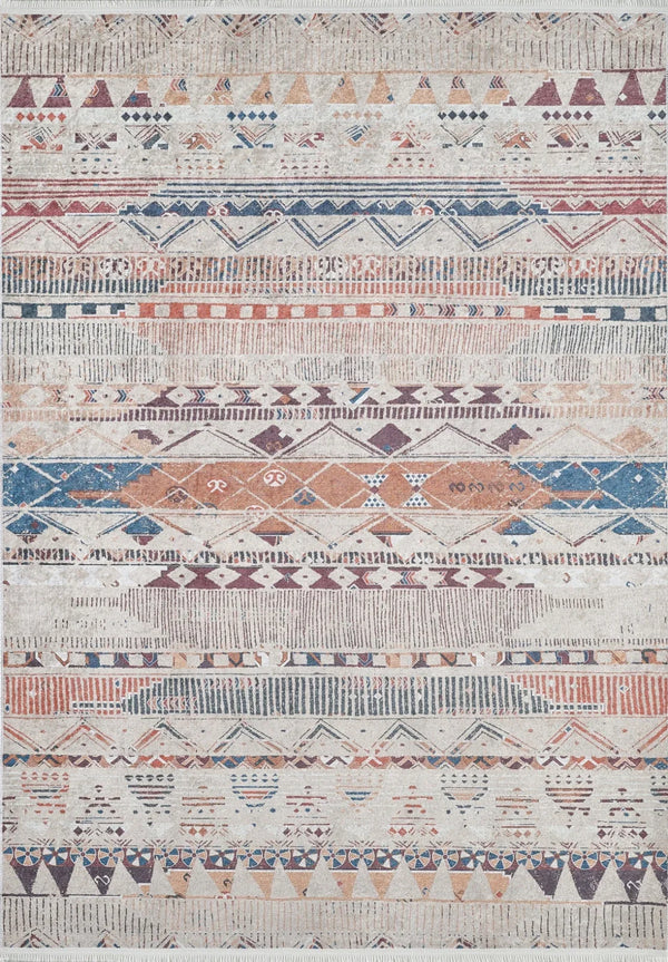 Bej Bohem Stil Etnik Motifli Halı - Yıkanabilir - Kaymaz Taban - Pati Dostu