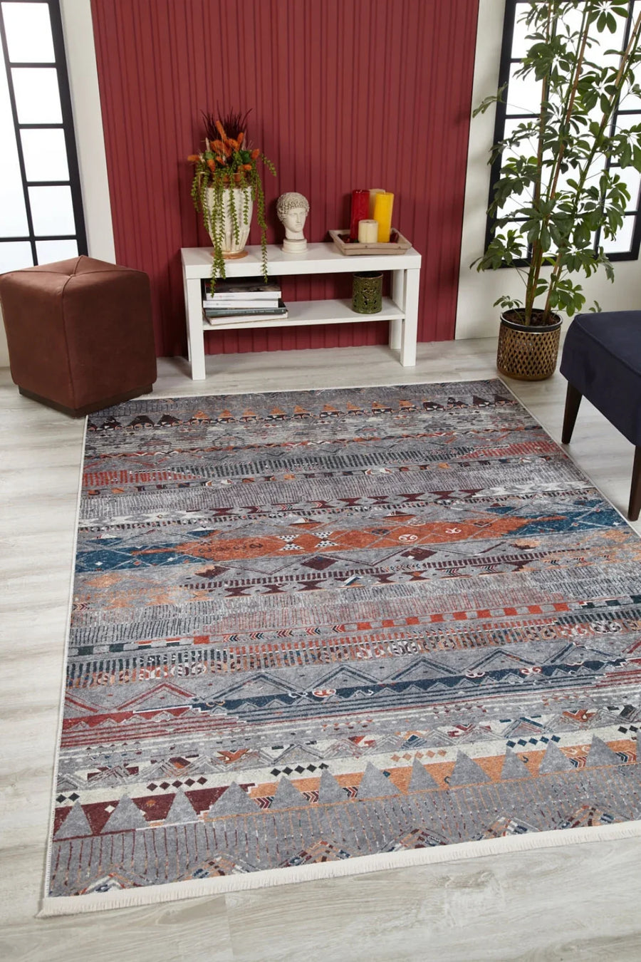 Gri Mavi Etnik Geometrik Halı - Yıkanabilir - Kaymaz Taban - Pati Dostu