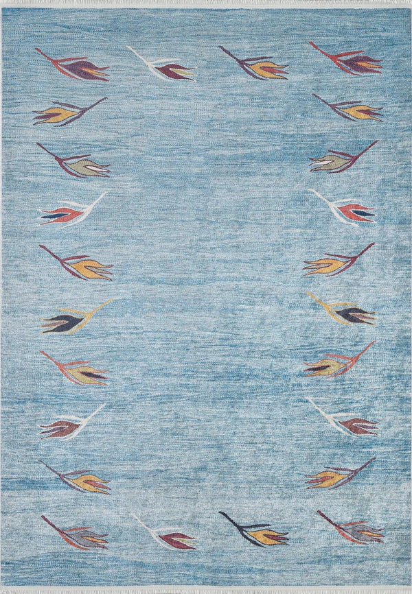 Mavi Bordürlü Modern Halı - Yıkanabilir - Kaymaz Taban - Pati Dostu