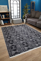 Black and White Ethnic Geometric Living Room Rug - Polyester