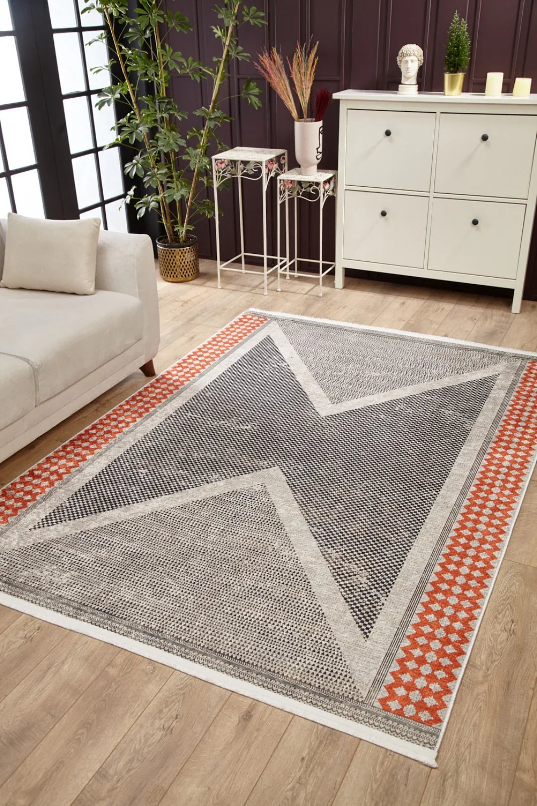 Gri Geometrik Minimalist Halı - Yıkanabilir - Kaymaz Taban - Pati Dostu
