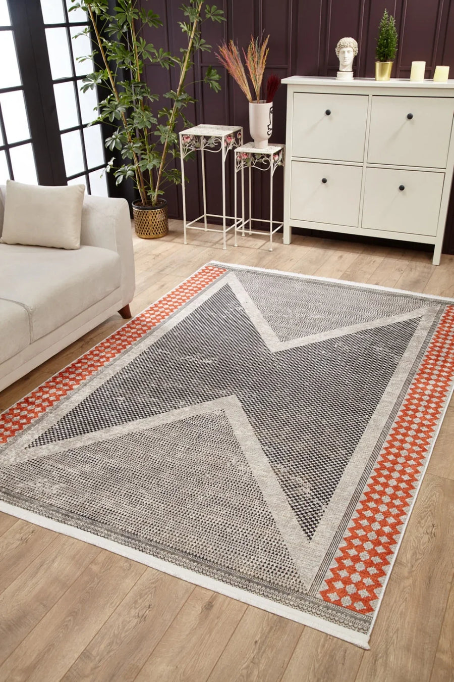 Gri Geometrik Minimalist Halı - Yıkanabilir - Kaymaz Taban - Pati Dostu