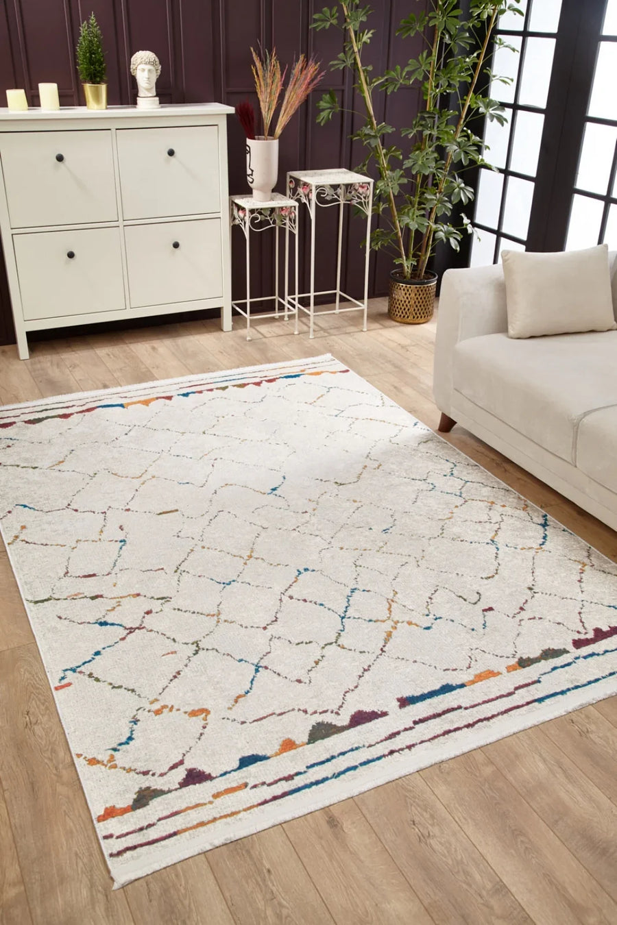 Krem Baklava Geometrik Halı - Yıkanabilir - Kaymaz Taban - Pati Dostu
