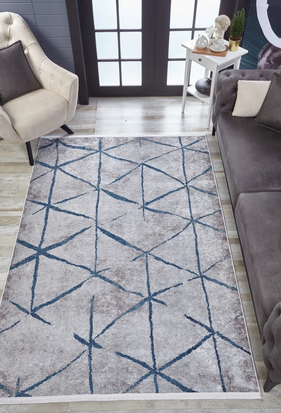 Antrasit Gri Geometrik Modern Halı - Yıkanabilir - Kaymaz Taban - Pati Dostu