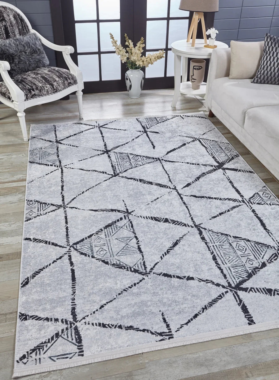 Beyaz Gri Geometrik Modern Halı - Yıkanabilir - Kaymaz Taban - Pati Dostu