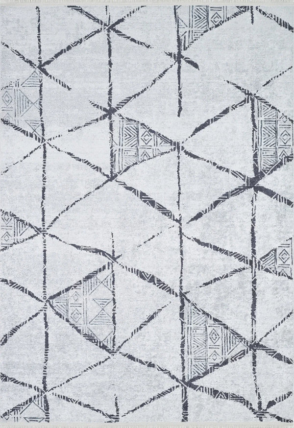 Beyaz Gri Geometrik Modern Halı - Yıkanabilir - Kaymaz Taban - Pati Dostu