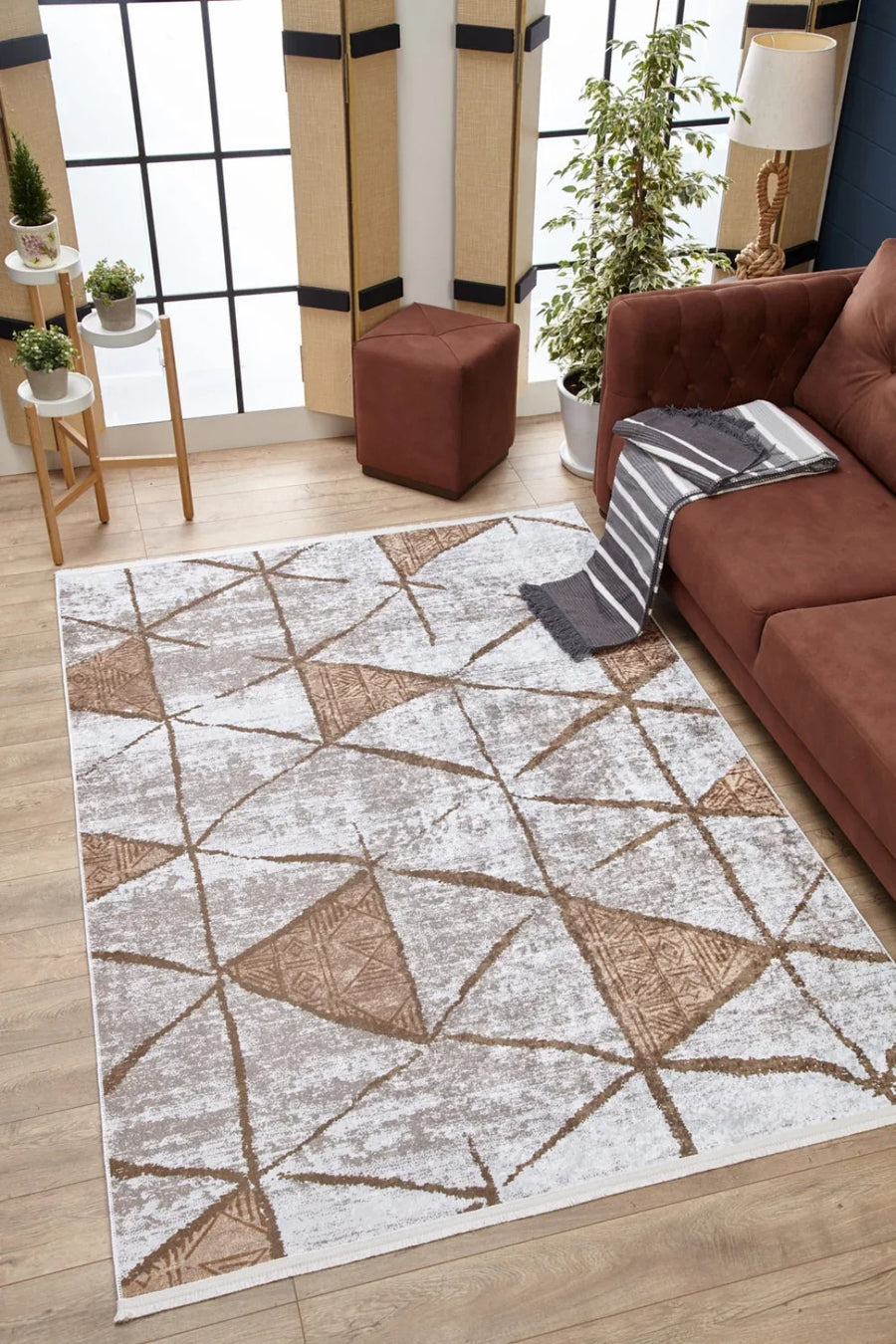 Bej Krem Geometrik Modern Halı - Yıkanabilir - Kaymaz Taban - Pati Dostu