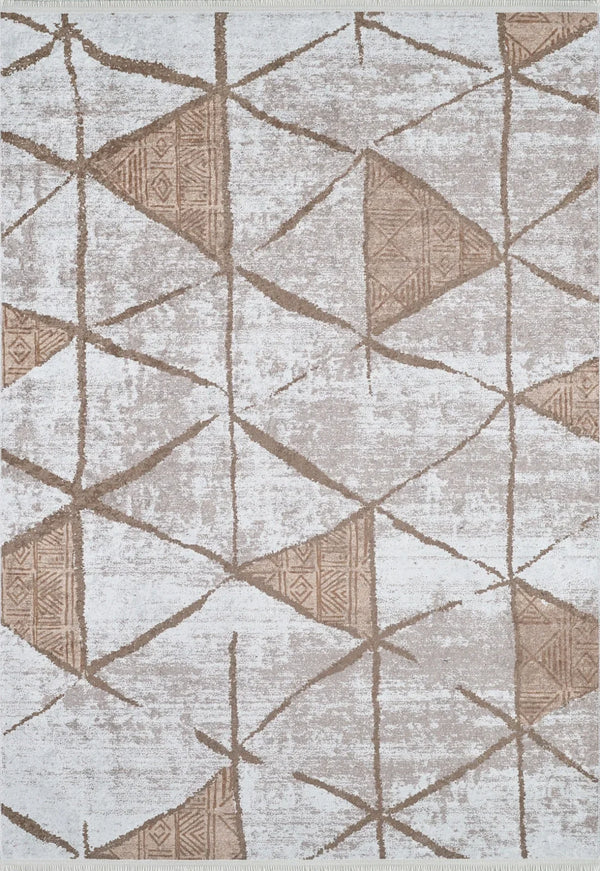 Bej Krem Geometrik Modern Halı - Yıkanabilir - Kaymaz Taban - Pati Dostu