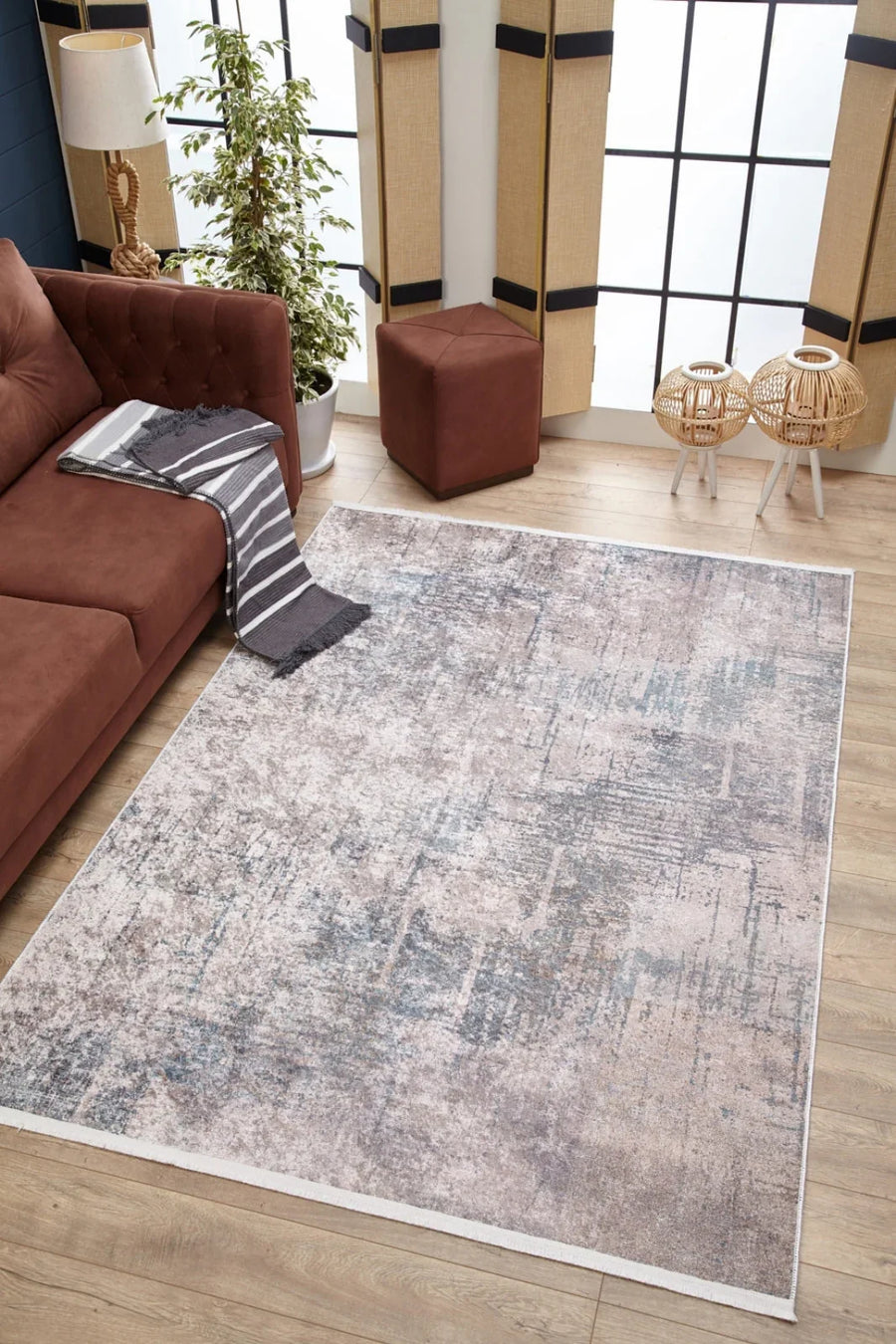 Gri Krem Eskitme Modern Halı - Yıkanabilir - Kaymaz Taban - Pati Dostu